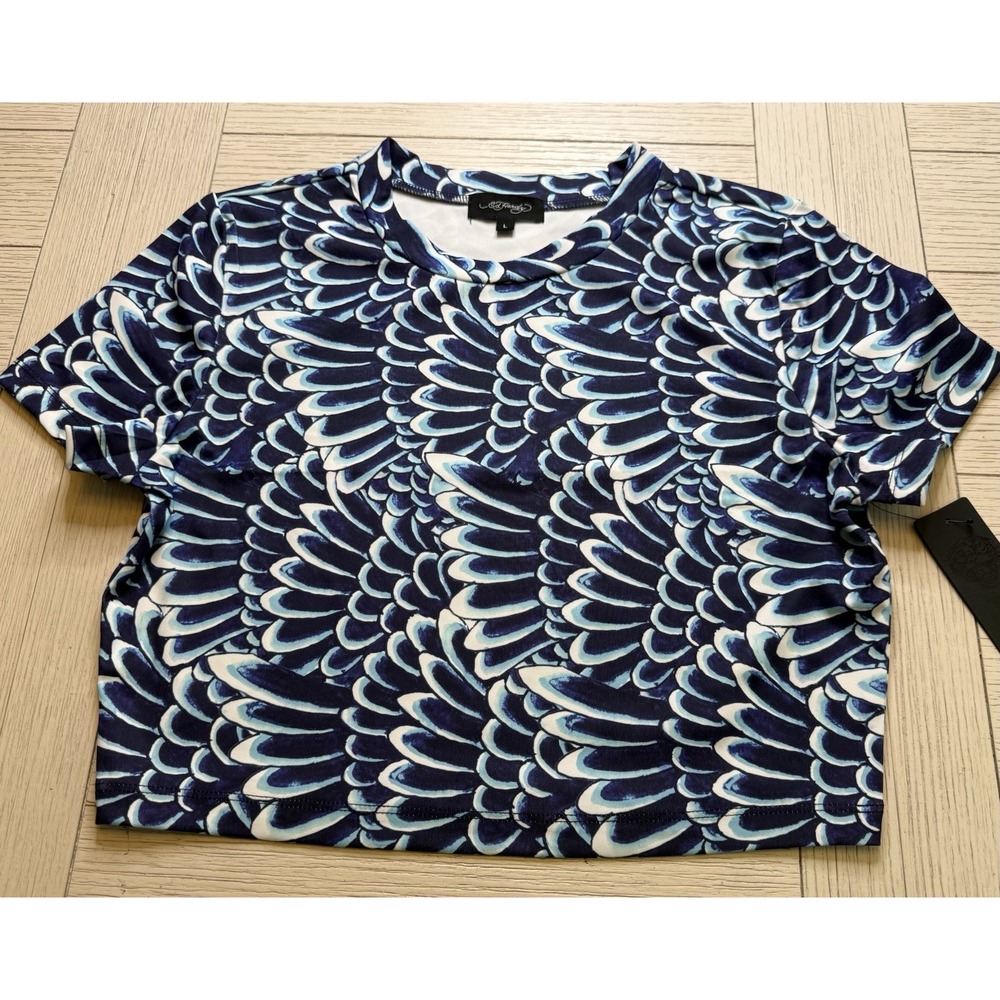 Ed Hardy NWT Blue Angel Wing Cropped Active‎ Athleisure Yoga SS Top Sz L Spandex